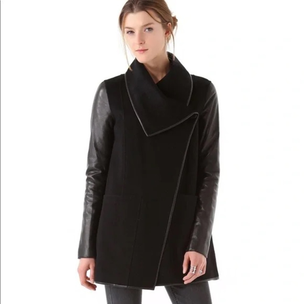 Mackage Draped Leather Sleeve Wool coat